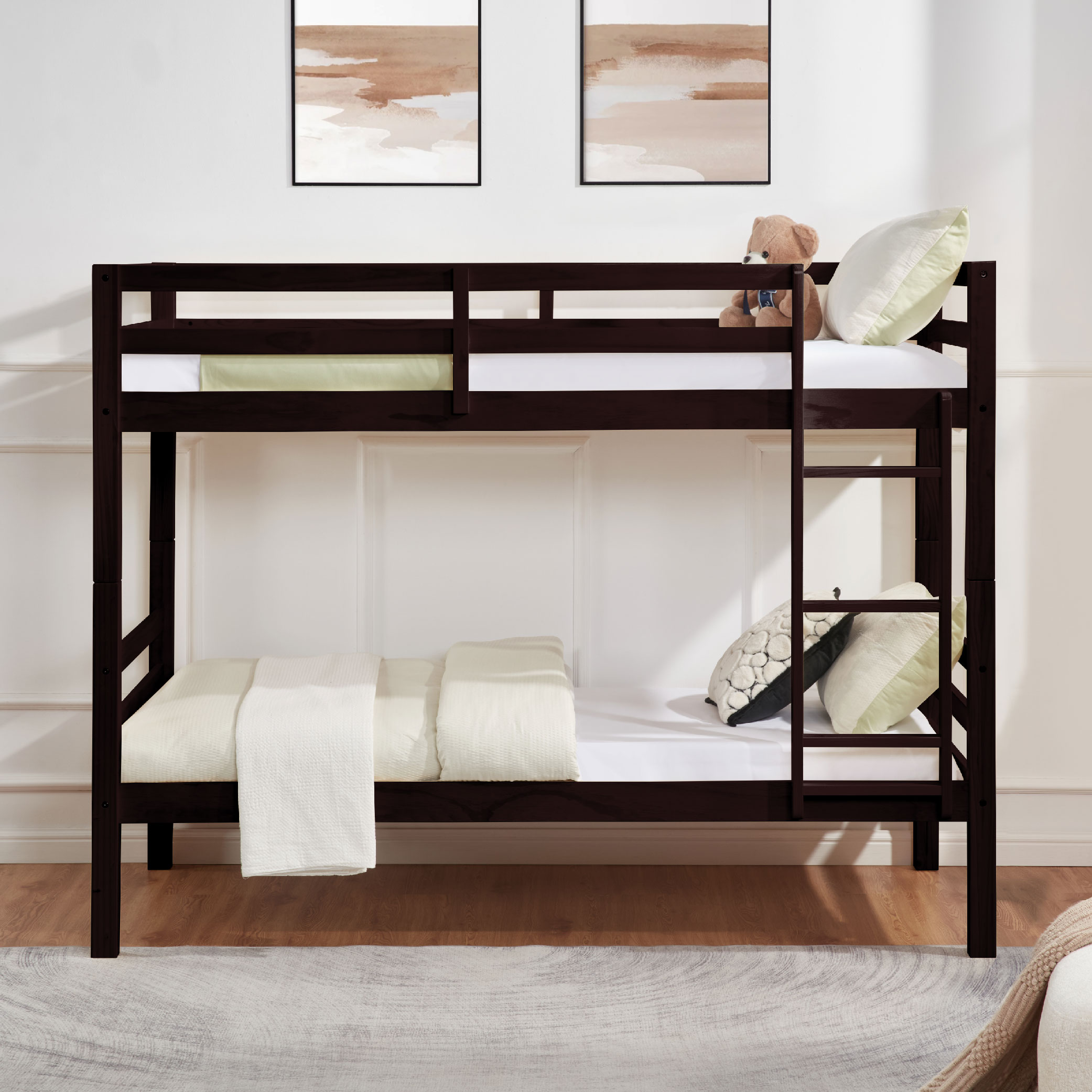 Twin over Twin Bunk Bed with Thick Posts,Wooden Bunk Bed with High Guardrail and Ladder for Kids, Teens, Dorm Rooms, and Guest Rooms,No Box Spring Needed,Espresso Twin over Twin Bunk Bed with Thick Posts,Wooden Bunk Bed with High Guardrail and Ladder for Kids, Teens, Dorm Rooms, and Guest Rooms,No Box Spring Needed,Espresso
